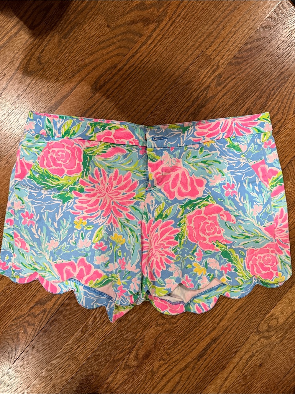 Lilly Pulitzer Pink & Blue Floral Scalloped Hem Shorts Sz 16